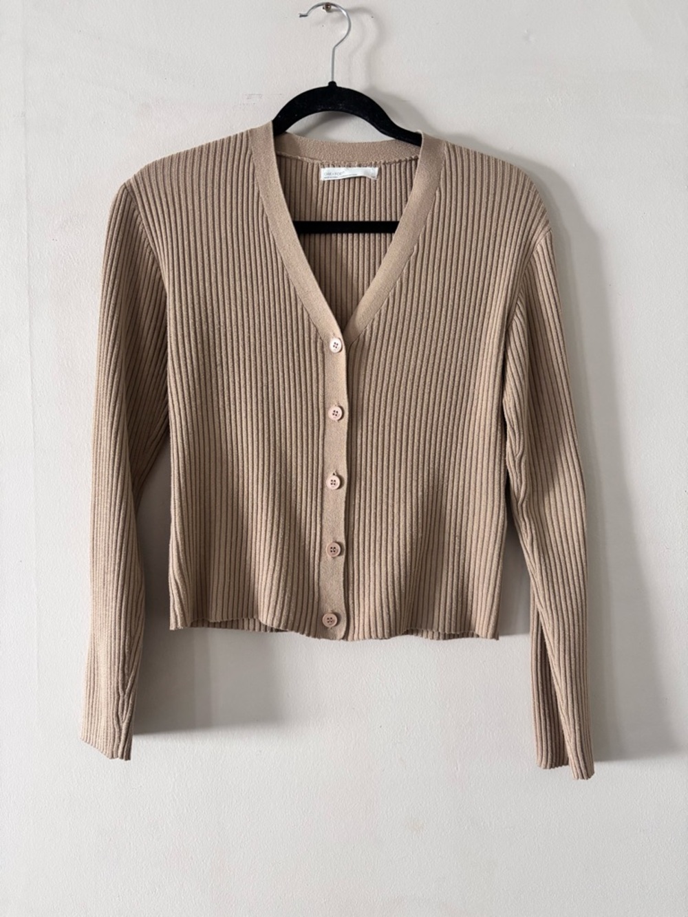 OAK + FORT Ribbed V-Neck Button-Front Cardigan - Light Beige